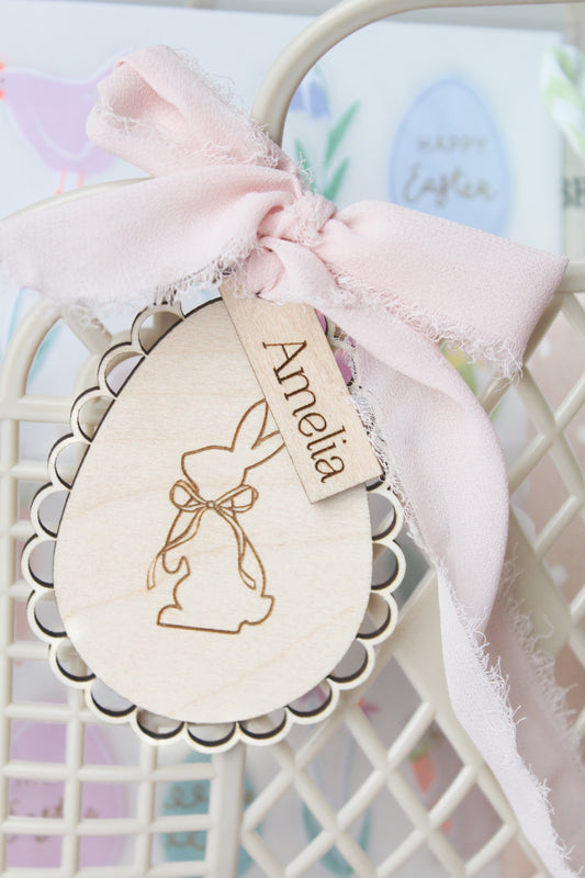 wooden easter basket tag with ribbon and custom name