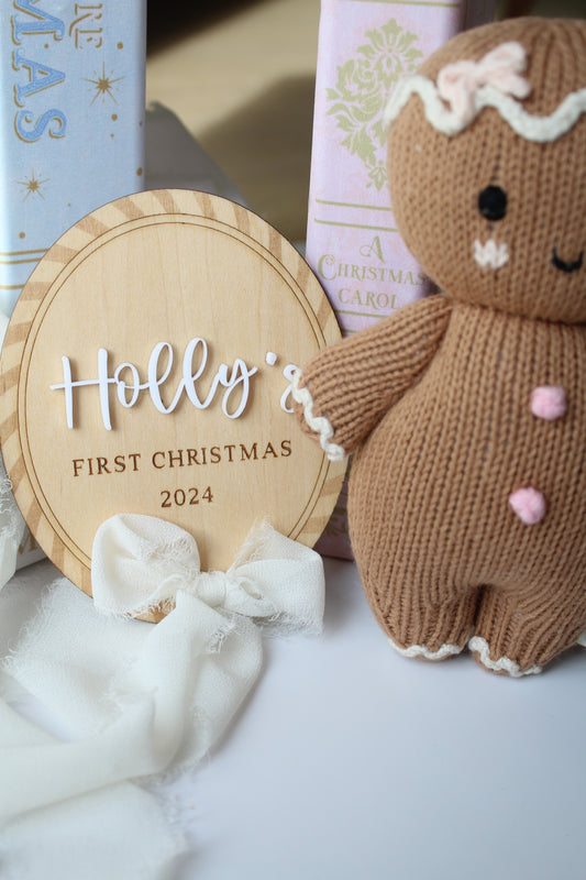wooden custom engraved first christmas tag