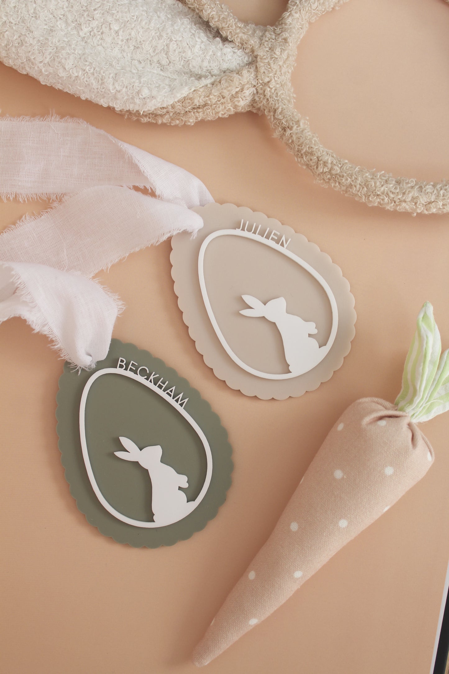 Green and pink personalized easter bunny tags