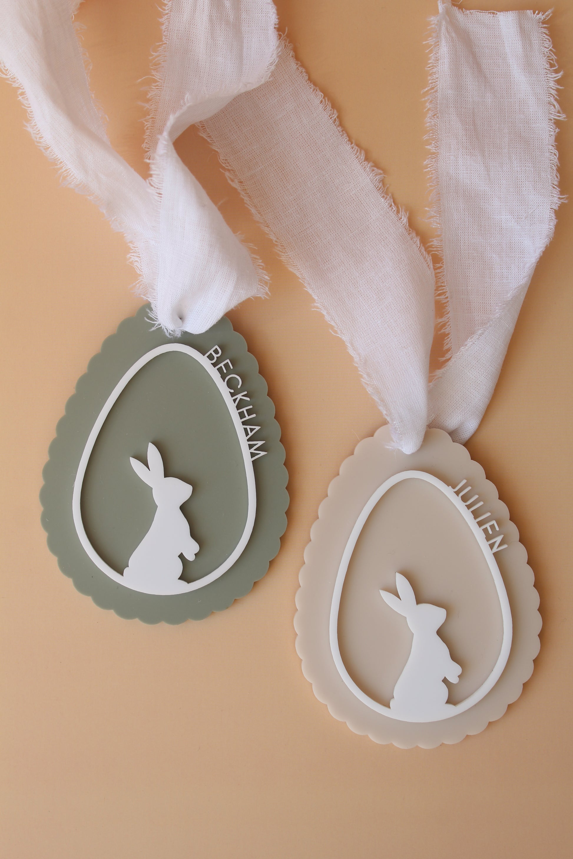 Personalized Peek-a-Bunny Easter Basket Tag in green and pink