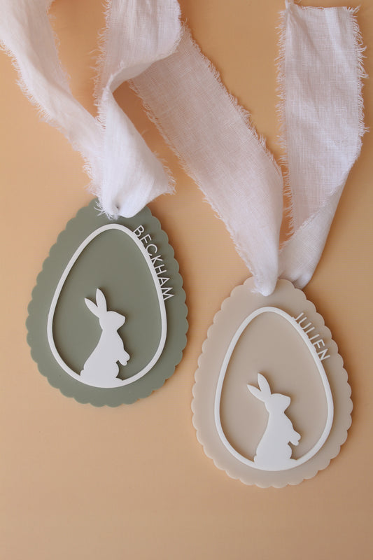 Personalized Peek-a-Bunny Easter Basket Tag in green and pink
