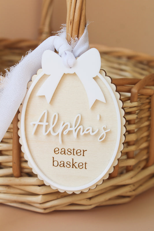 Personalized Wooden Bow_Belle Easter Basket Tag with ribbon and acrylic bow