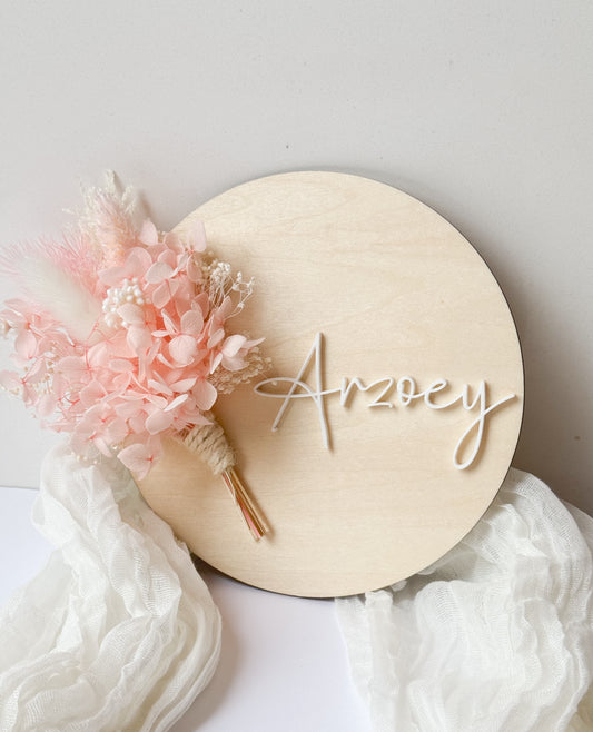 Personalized Wooden Floral Bloomboard with pink bouquet of flowers