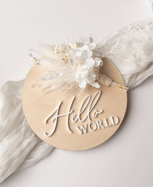 Personalized Wooden Floral Hello World Sign with white bouquet