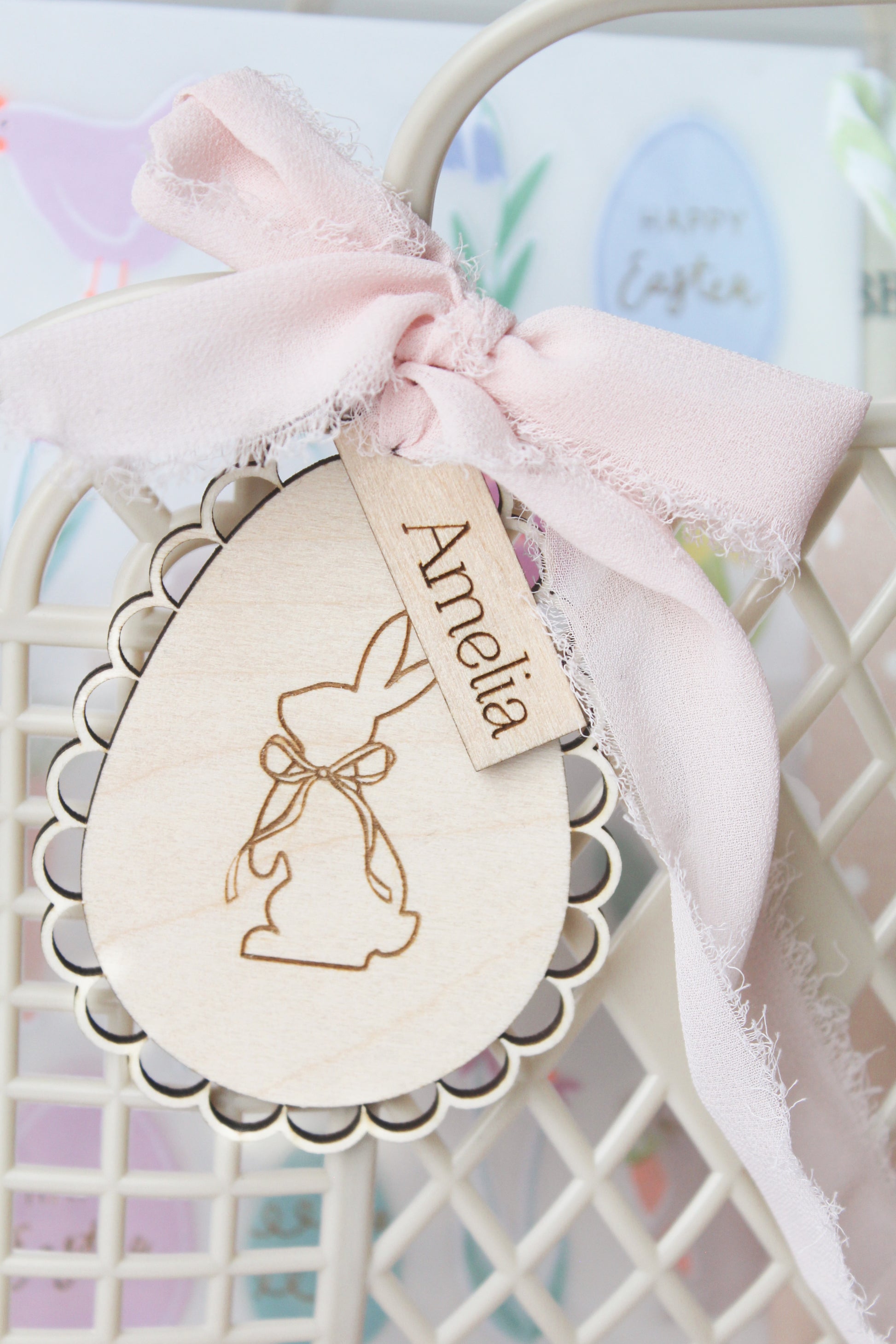 wooden easter basket tag with ribbon and custom name