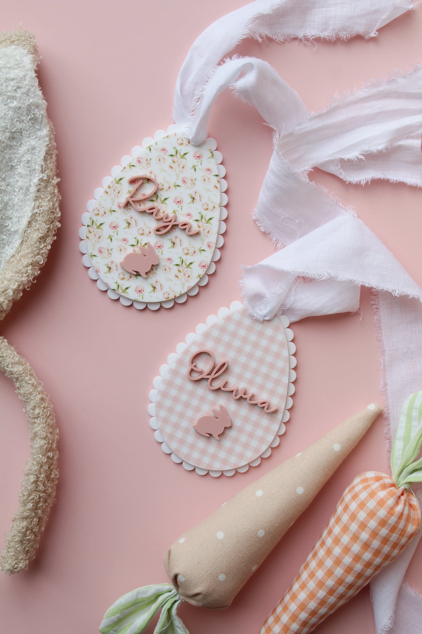 pink and floral acrylic personalized easter tag shaped as easter egg