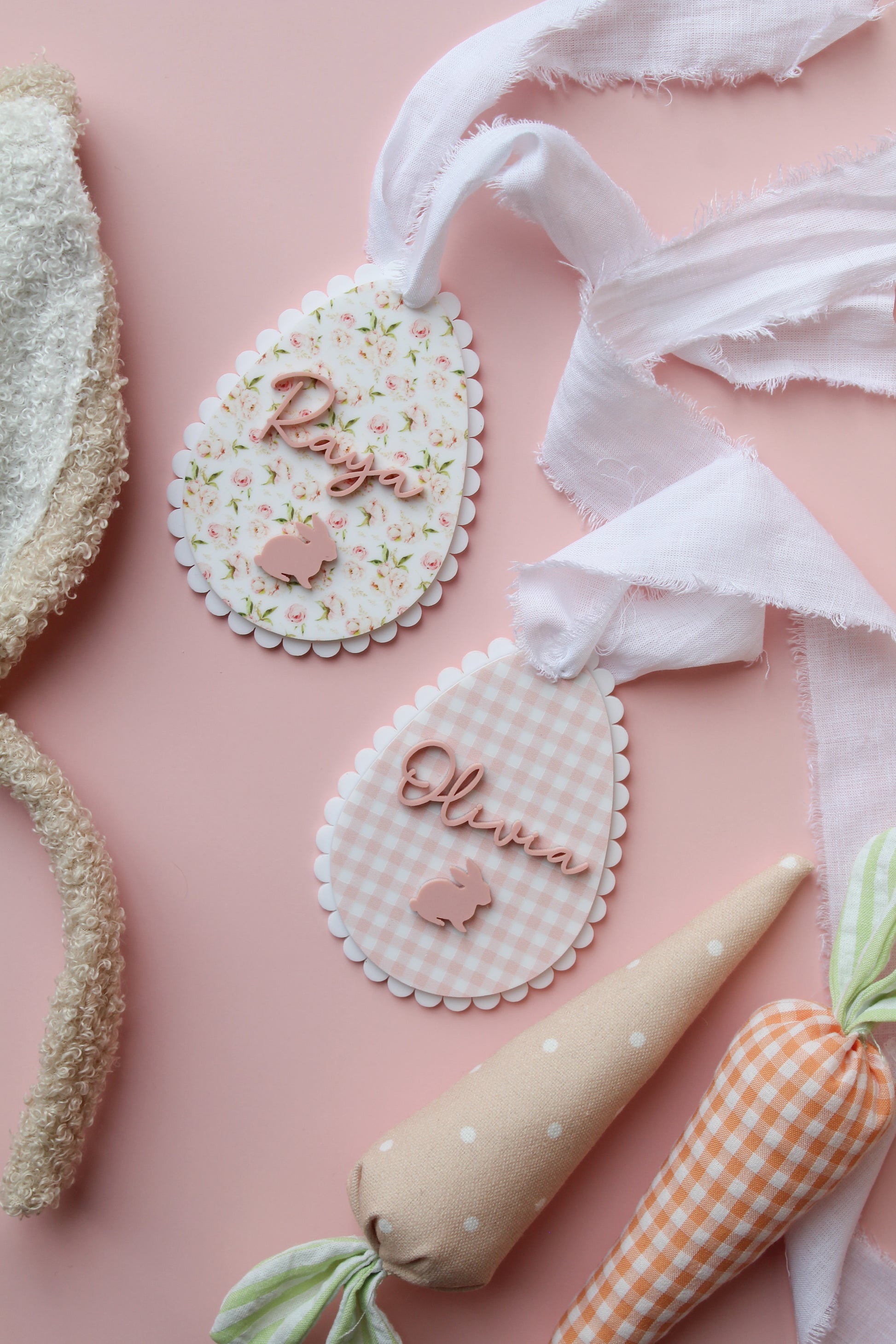 pink and floral acrylic personalized easter tag shaped as easter egg